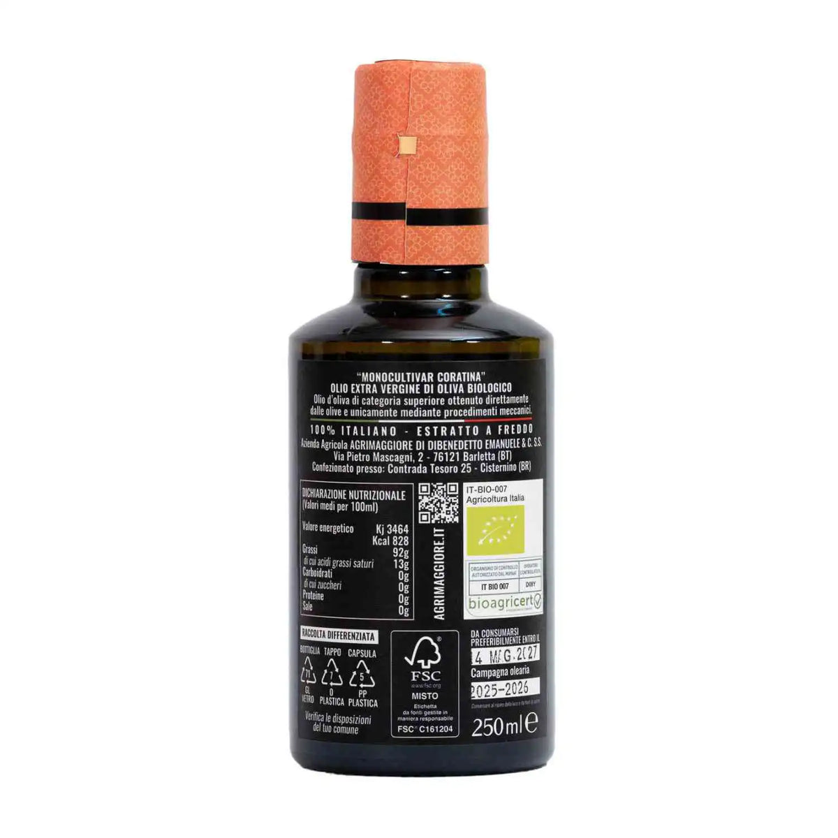 Olio Extravergine di Oliva Biologico Coratina - Bottiglie da 500ML, 250ML e 100ML